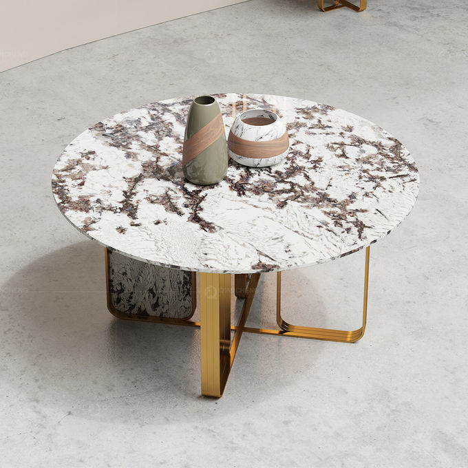 White Round Luxury Custom Marble Dining Table With Stainless Steel Metal Base in Gold