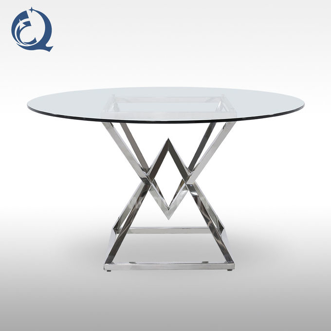 0.54m3/pc Tempered Glass Dining Table Stainless Steel DIA130 CM Round In Chrome