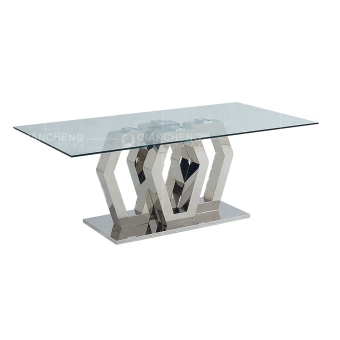 Geometric Form 12mm Metal Frame Glass Top Dining Table 200cm Glass Dining Table