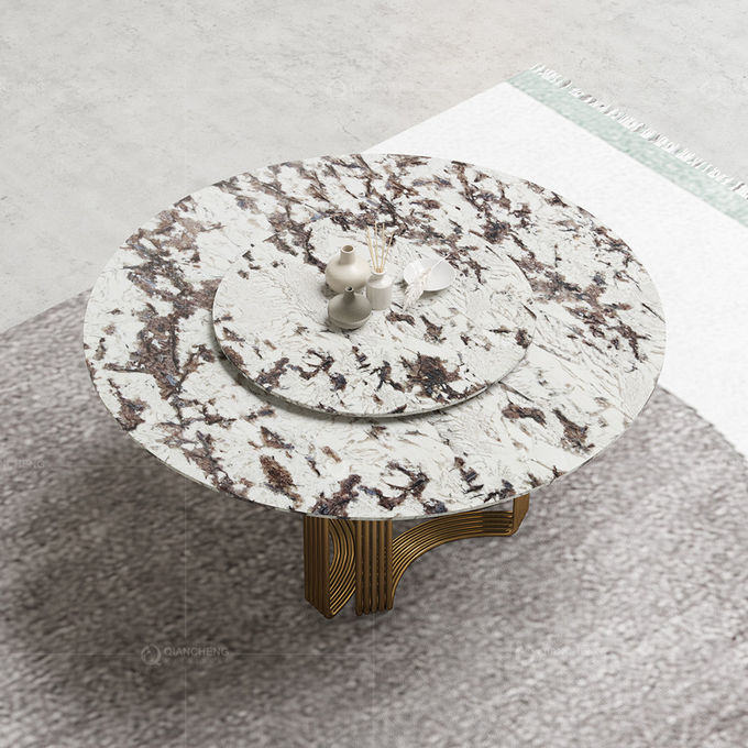 Luxury Round Dining Room Tables With Faux Marble Top Metal Base Brushed Gold