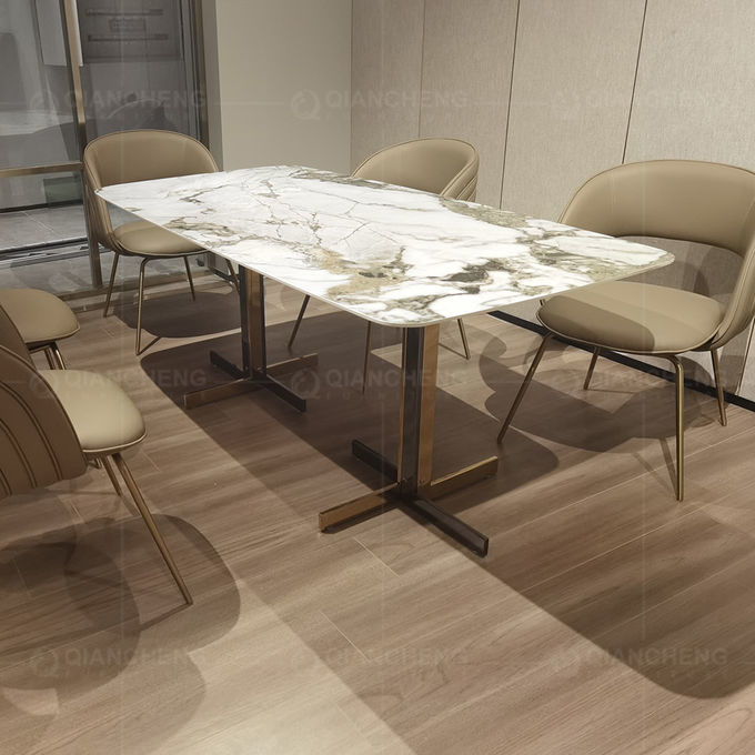 White 180x90x75cm Luxury Marble Dining Table Golden Stainless Steel Base
