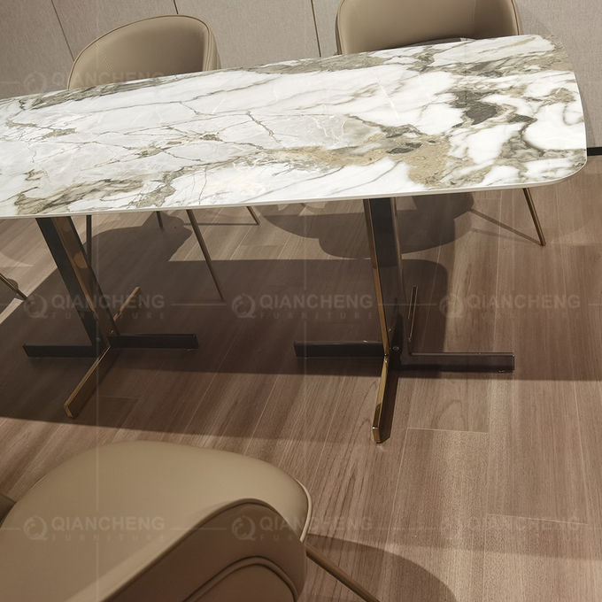 White 180x90x75cm Luxury Marble Dining Table Golden Stainless Steel Base