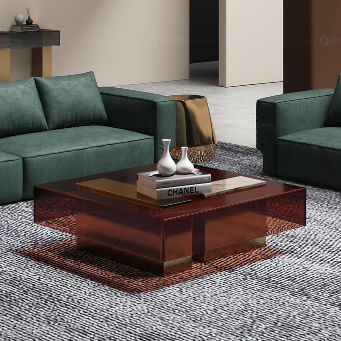 Golden Base SS Steel Table And Sofa Sets Coffee Desk High Glass