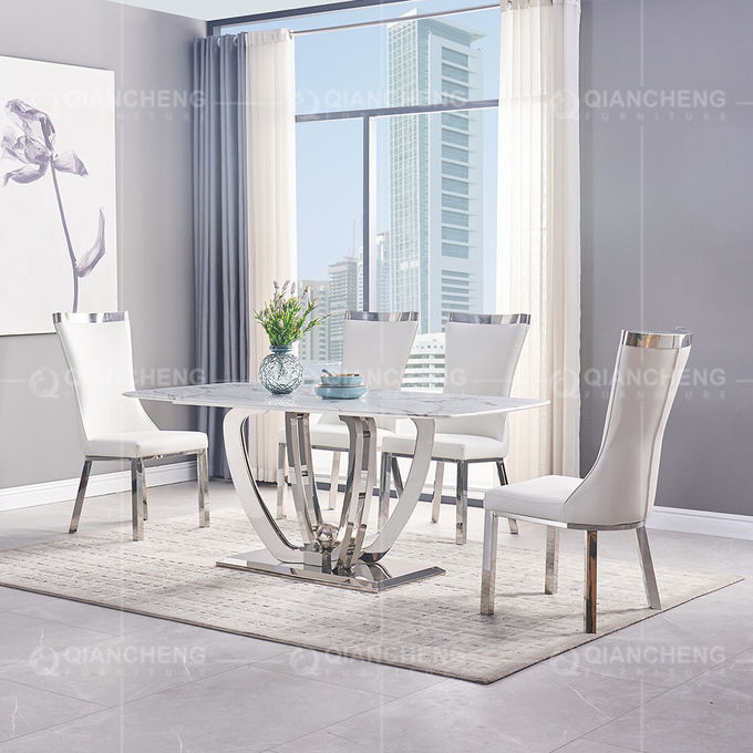 Qiancheng 200x100x75cm Marble Top Restaurant Tables Smooth SS Lightweight Frame