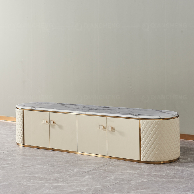 Pink Mid Century Golden Stainless Steel 78" TV Stand With 4 Doors
