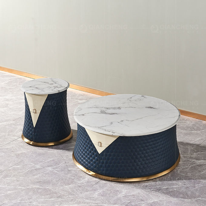 Light Luxury Round Coffee Table SS With Storage Stone Top Set Of 2 Fully Assembled Sofa Table Set