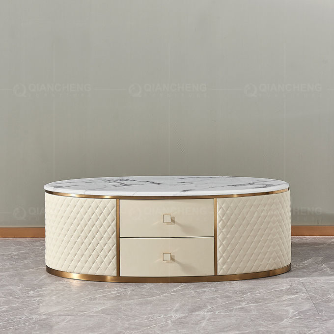 Beige Coffee Dining Table With 2 Drawers 20mm Faux Marble On Top Golden Stainless Steel Legs