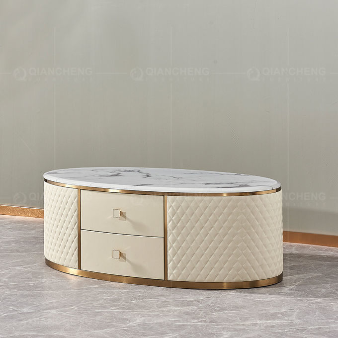 Beige Coffee Dining Table With 2 Drawers 20mm Faux Marble On Top Golden Stainless Steel Legs