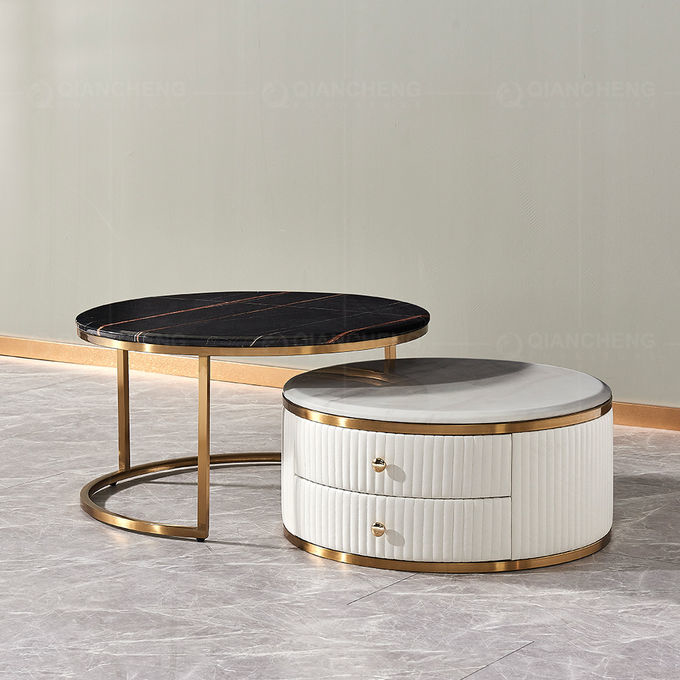 0.22m3 Mirror SS Coffee Table Set With Storage 2 Drawers Stone And Marble Top