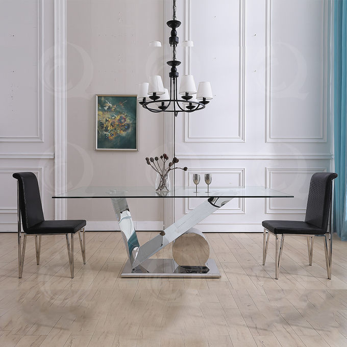 clear 0.4CBM Tempered Glass Dining Table V Shape SS201 Base For Restaurant