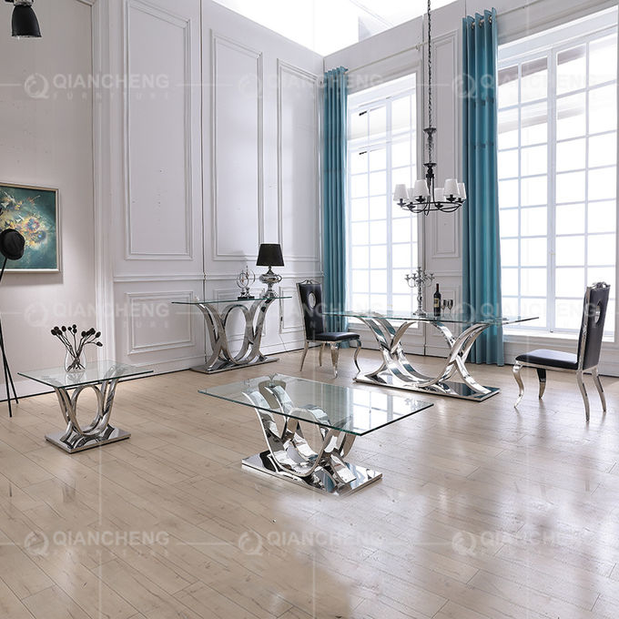 Living Room ODM Metal Console Tables Glass Top With Plastic Corner Feet Pads