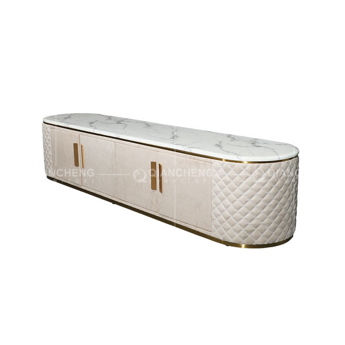 White PU Cover 20mm Marble Top TV Stand Gold Decoration With MDF Drawer