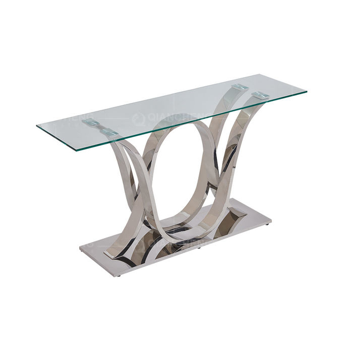 Living Room ODM Metal Console Tables Glass Top With Plastic Corner Feet Pads