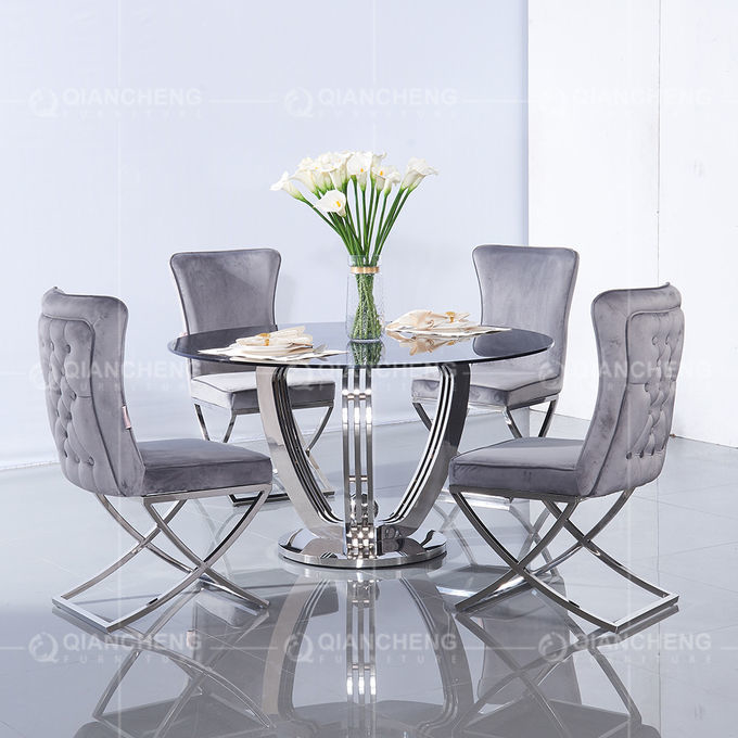 Silver Mirror Dia 135cmx75cm Tempered Glass Dining Table ring shaped chrome legs