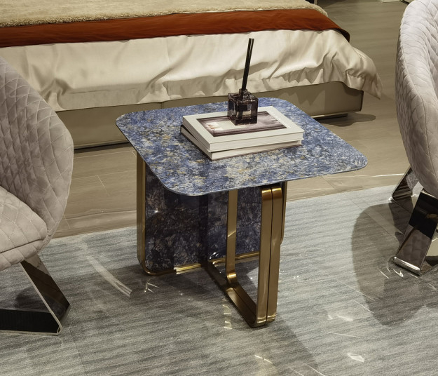 Pandora Square SS Side Table Real Stone Marble Top With Shiny Gold Leg