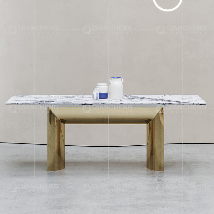 Durable 180kg Rectangle Marble Dining 220cm Table Gold Stainless Steel Leg