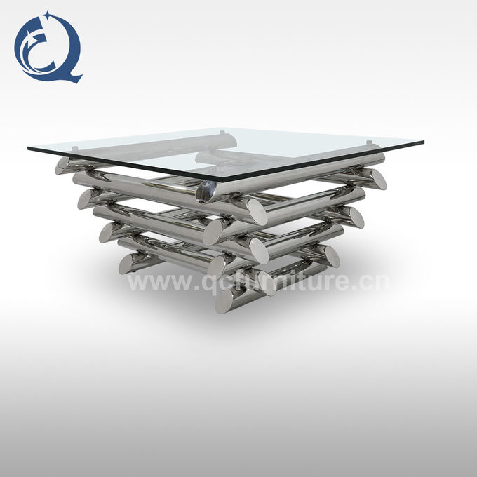 Clear Stainless Steel Square Glass Coffee Table Chrome Finished