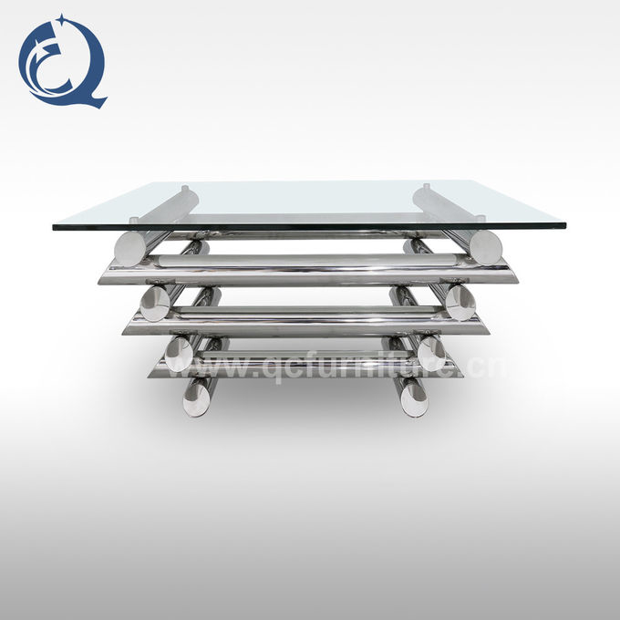 Clear Stainless Steel Square Glass Coffee Table Chrome Finished