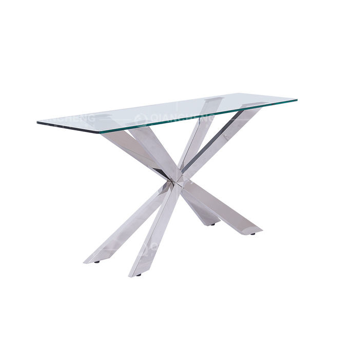 Qiancheng Glass Transparent Console Table Mirrored Chrome Stainless Steel Sofa Table