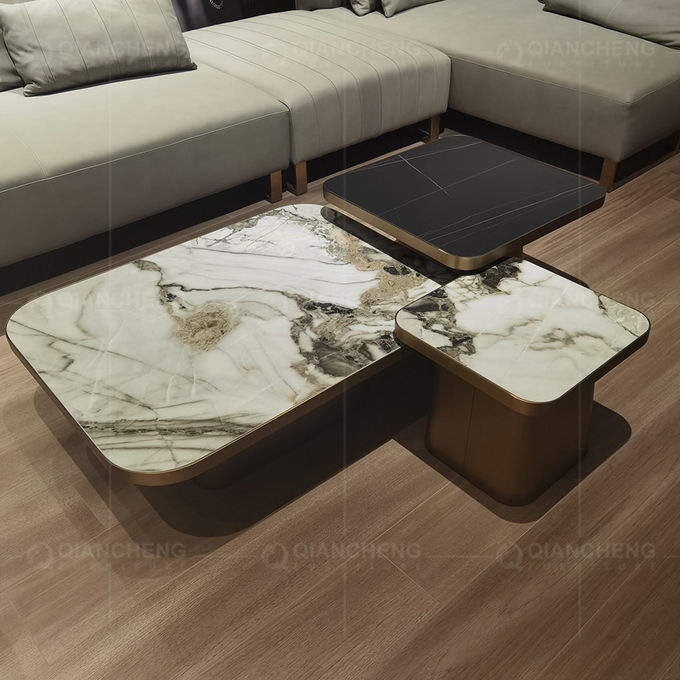 Three In One 120x60x36cm Square Stone Top Coffee Table Wrought Iron Square Table