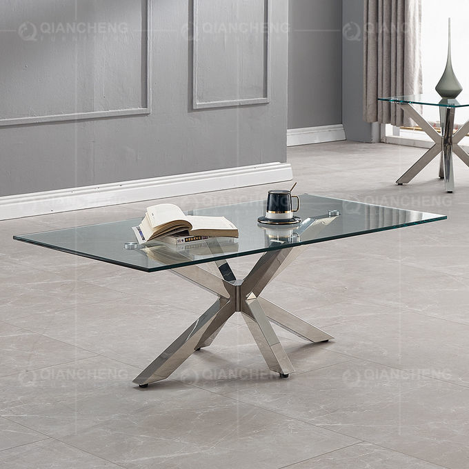 Clear Glass Top 0.11cbm SS Coffee Table For Living Room With Brushed Chrome Base