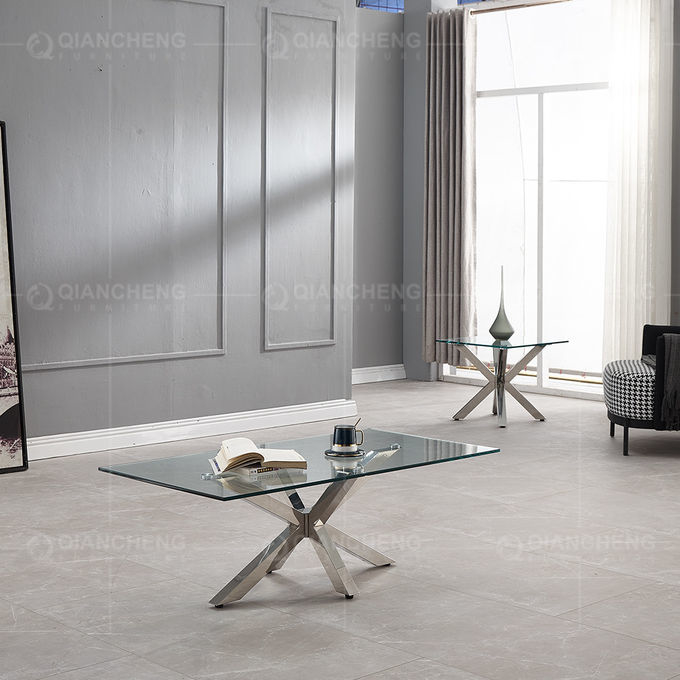 Clear Glass Top 0.11cbm SS Coffee Table For Living Room With Brushed Chrome Base