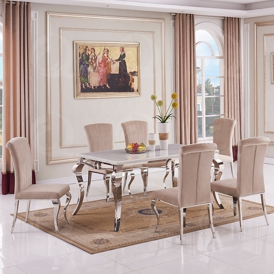 Silvery Legs Luxury Marble Dining Table 60inchx36inchx30inch Italian Modern Style
