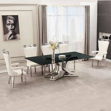 High Gloss 0.45CBM SS Dining Tables Set X Shape Mirror Metal Base