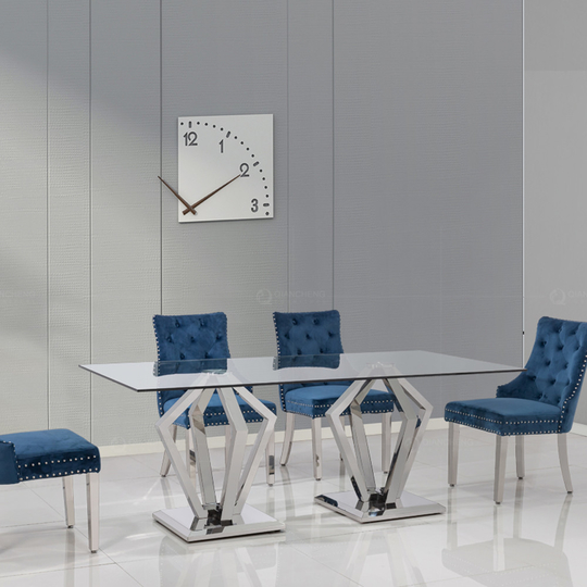 Custom Eight Seater Clear Tempered Glass Top Dining Table