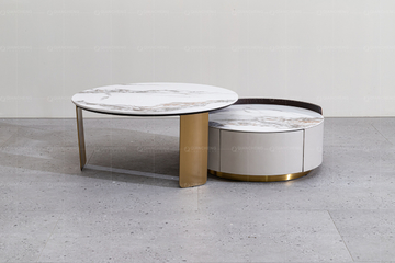 Round Nesting SS Coffee Table With Storage Marble Top Brushed Gold Set Of 2