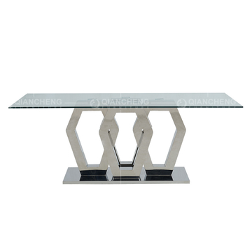 Geometric Form 12mm Metal Frame Glass Top Dining Table 200cm Glass Dining Table