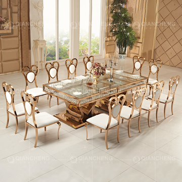 Rose Golden 244x122x75cm Glass Metal Dining Table With Crystal Pendant