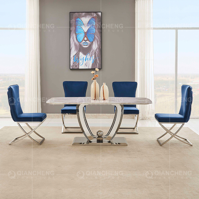 Qiancheng 200x100x75cm Marble Top Restaurant Tables Smooth SS Lightweight Frame