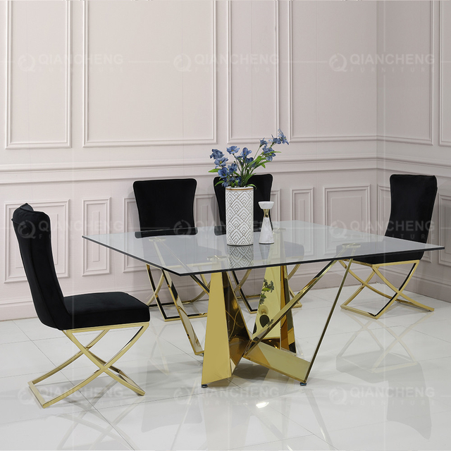 100kg Square Glass Top Dining Table 150cm Stainless Steel Frame