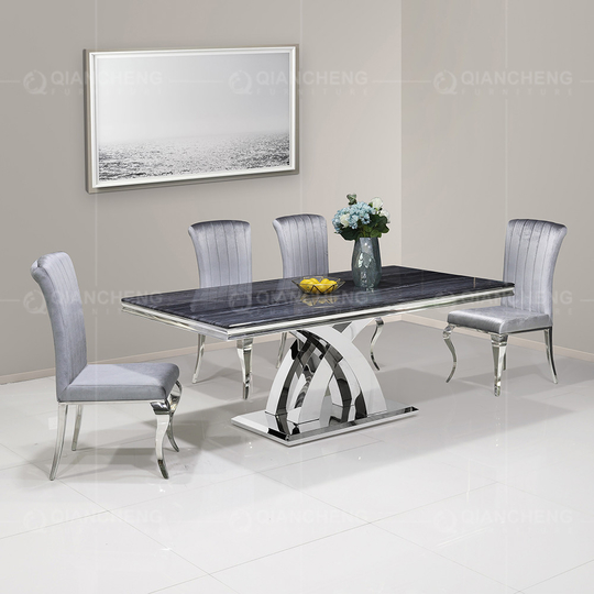 UK Style 0.57cbm Grey Marble Dining Table Stainless Steel Cross Leg