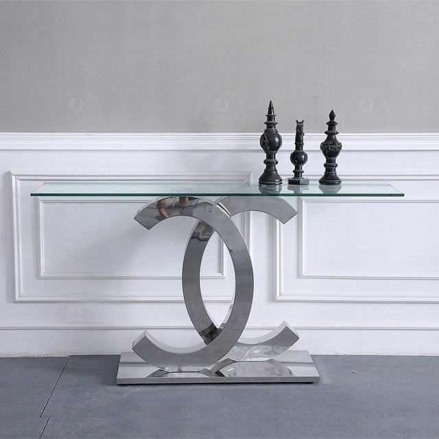 Rectangular OEM SS Console Table With Clear Tempered Glass Top