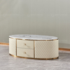 Beige Coffee Dining Table With 2 Drawers 20mm Faux Marble On Top Golden Stainless Steel Legs