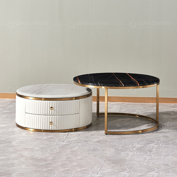 0.22m3 Mirror SS Coffee Table Set With Storage 2 Drawers Stone And Marble Top