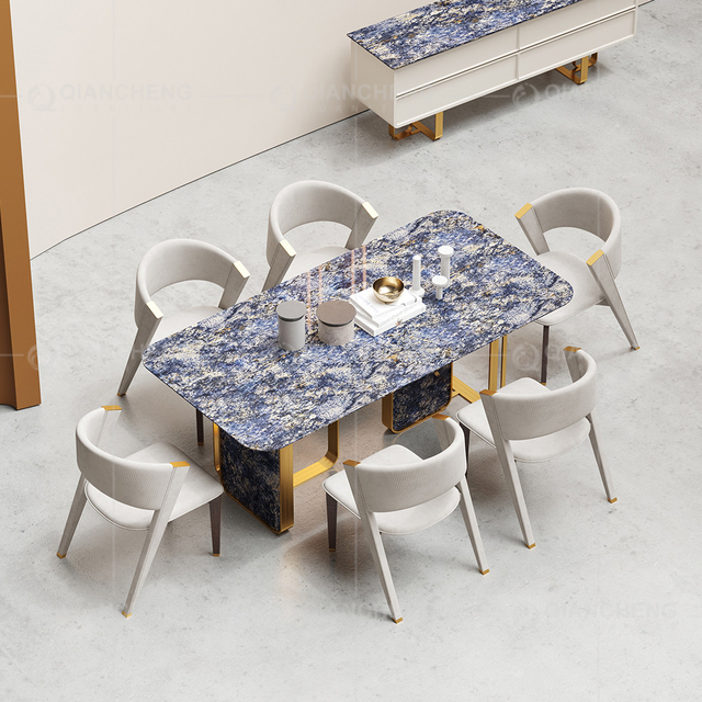 Modern 0.75CBM Luxury Marble Dining Table 86inchx40inchx30inch Plastic Bottoms