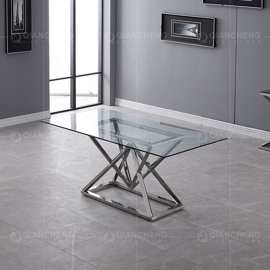 66kg 8 Seater Glass Dining Table With Steel Legs Rectangular Shape