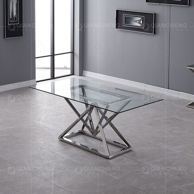 66kg 8 Seater Glass Dining Table With Steel Legs Rectangular Shape