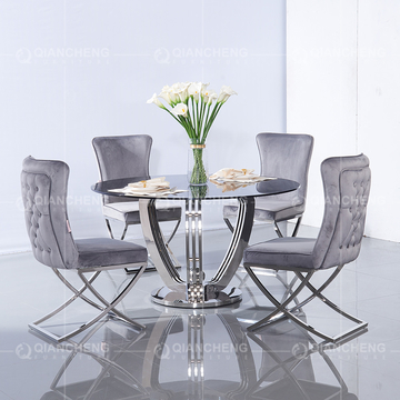 Silver Mirror Dia 135cmx75cm Tempered Glass Dining Table ring shaped chrome legs