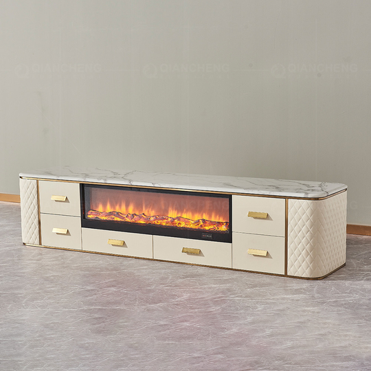 White Beige MDF Stainless Steel TV Stand 78 Inch Faux Stone Media Unit 4 Doors Open Compartment Curved Corners