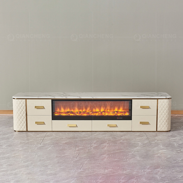 White Beige MDF Stainless Steel TV Stand 78 Inch Faux Stone Media Unit 4 Doors Open Compartment Curved Corners