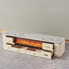 White Beige MDF Stainless Steel TV Stand 78 Inch Faux Stone Media Unit 4 Doors Open Compartment Curved Corners