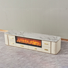White Beige MDF Stainless Steel TV Stand 78 Inch Faux Stone Media Unit 4 Doors Open Compartment Curved Corners