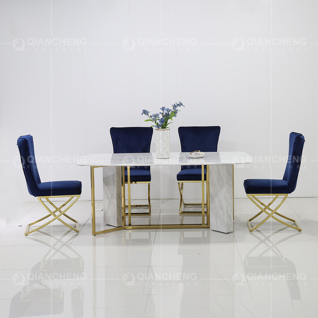 modern 56kg Luxury Marble Dining Table Rugged Stainless Steel Base Rectangle Shape