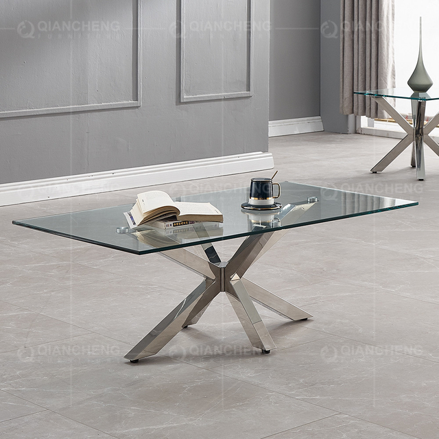 Clear Glass Top 0.11cbm SS Coffee Table For Living Room With Brushed Chrome Base