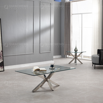 Clear Glass Top 0.11cbm SS Coffee Table For Living Room With Brushed Chrome Base
