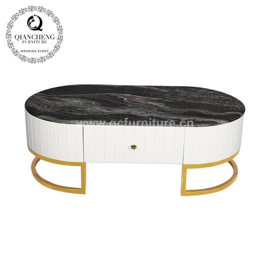 Metal Frame Marble Living Room Table With MDF Cabinet 130x70x44cm